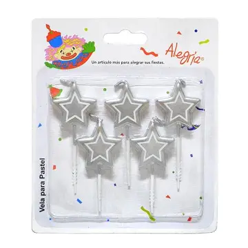 VELA PALILLO ESTRELLAS PLATEADAS 5 PZAS