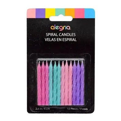 VELA ESPIRAL ROSA AZUL MORADO BRILLO12pz