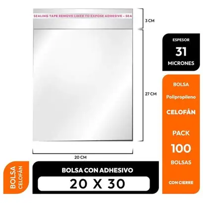 BOLSA CELOFAN 20X35 LISA 30MC PAQ 100 PZ